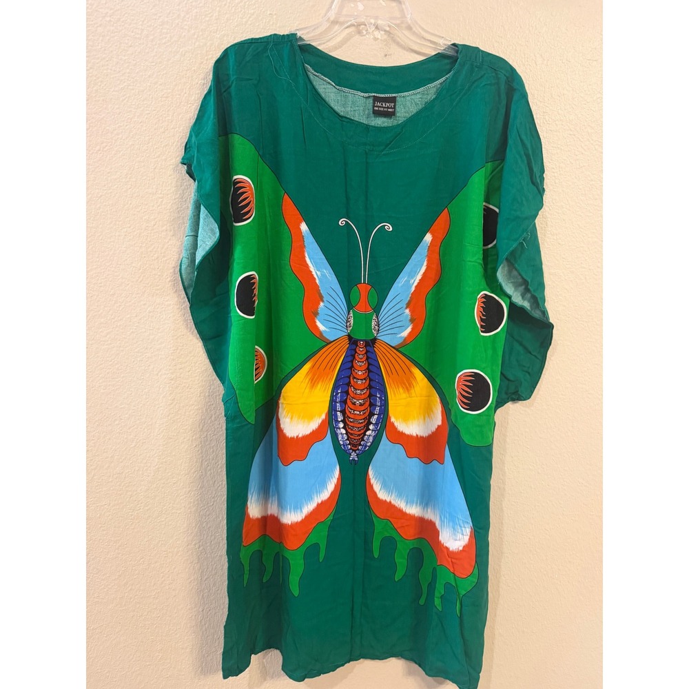 Jackpot Green Butterfly Graphic Rayon Caftan Kaftan One Size Fits Most Thailand